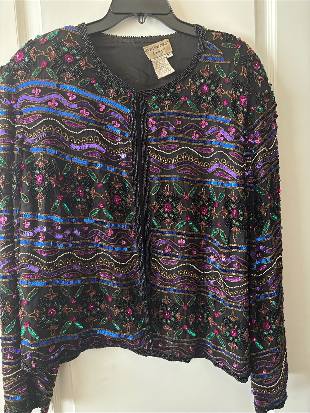Papell Boutique Black Beaded Jacket with Purple & Teal Accents